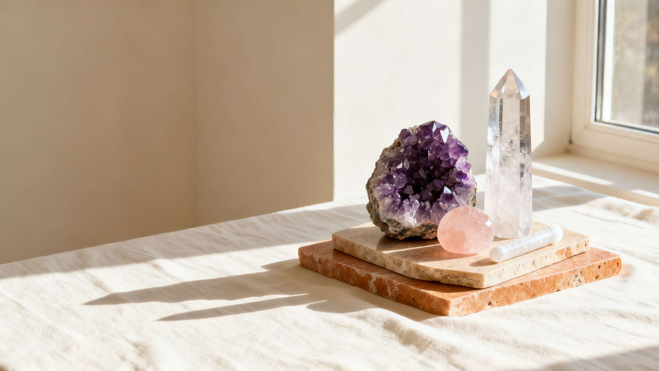 A curated arrangement of amethyst, clear quartz, rose quartz and selenite in morning light